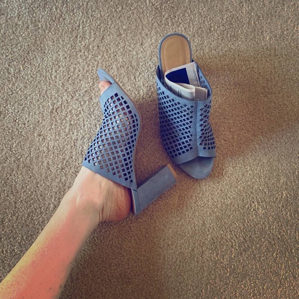 Blue suede block heel mules